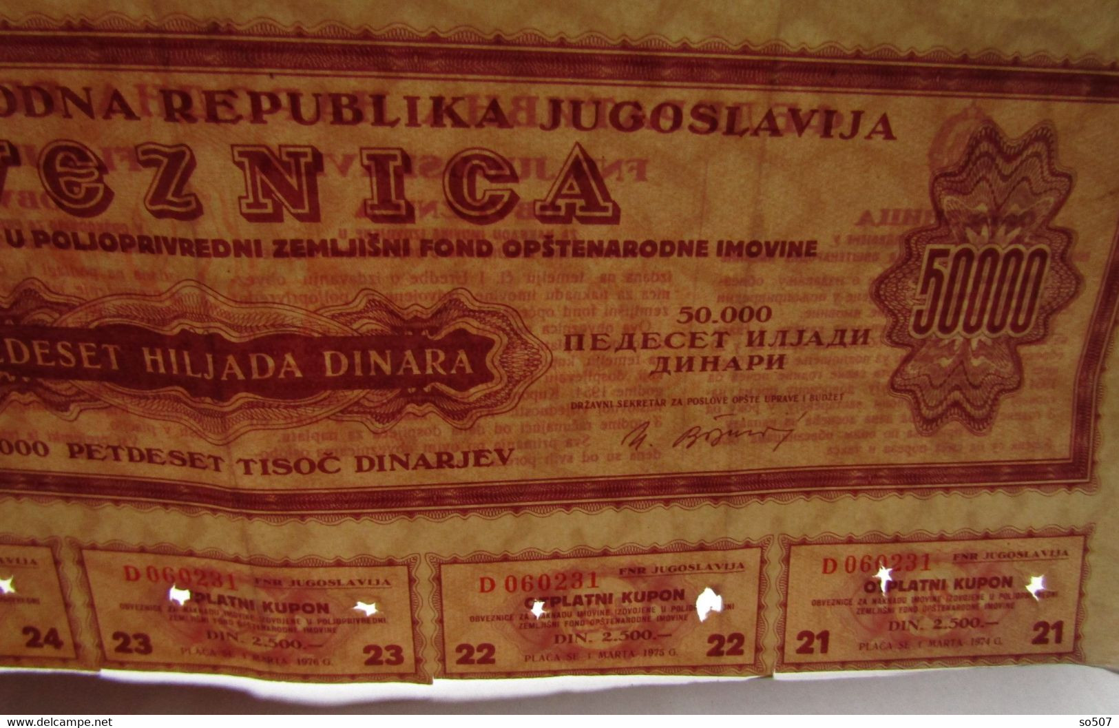 X1- Loan, Bonds, Obligation 50 000 Dinara 1954. Fifty Thousand Dinars - FNRJ Yugoslavia