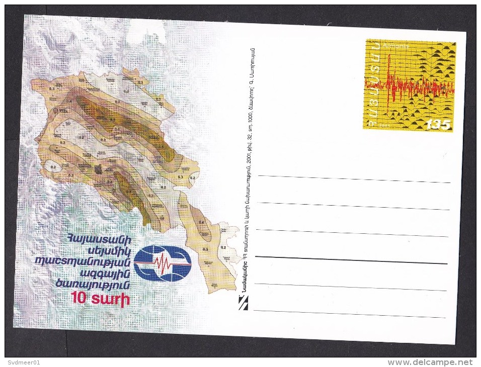 Armenia: Stationery Illustrated Postcard, 2001, Not Used, Earthquake, Seismology, Science - Armenië