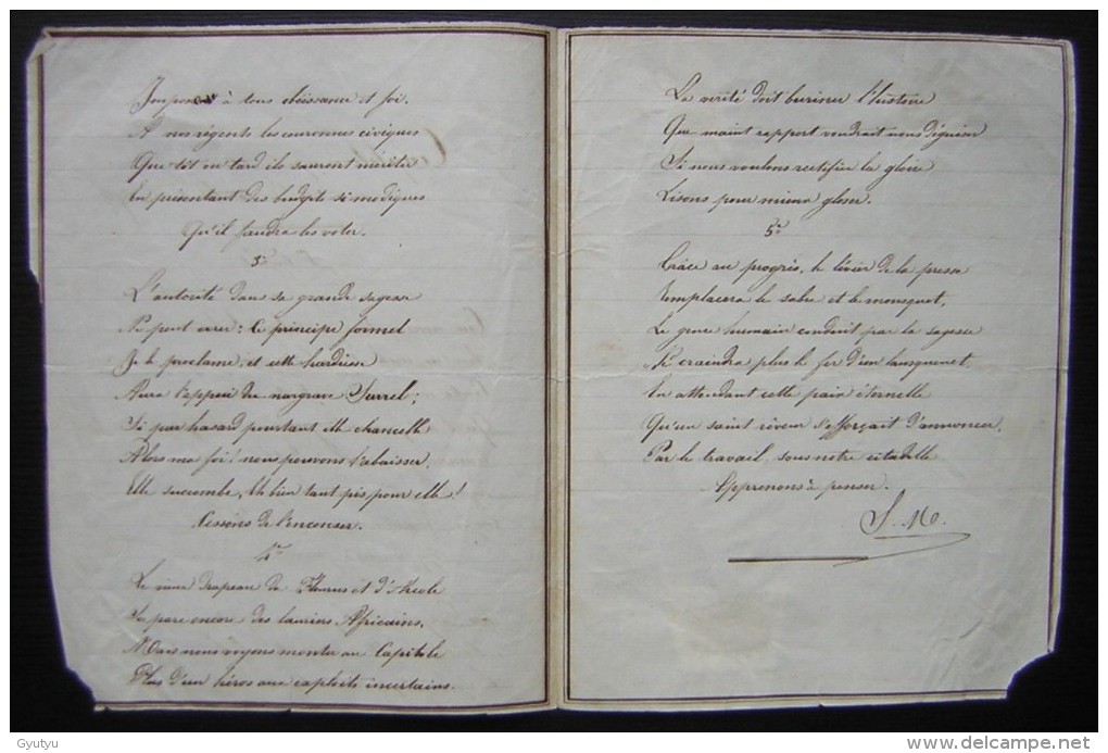 Poésie Militaire: Manuscrit Des Couplets Composés à L'occasion De L Ouverture Du Cercle Par Felix Surrel De Montchamp - Manuscripts