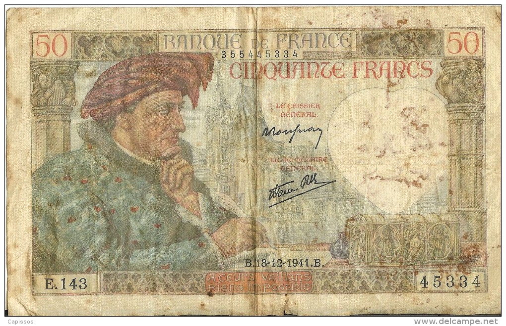 France Billet 50 Francs Jacques Coeur  1941 Etat Moyen - 50 F 1940-1942 ''Jacques Coeur''
