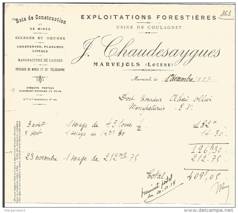 FACTURE J. CHAUDESAYGUES EXPLOITATIONS FORESTIERES à MARVEJOLS (LOZERE) 1927 - 1900 – 1949