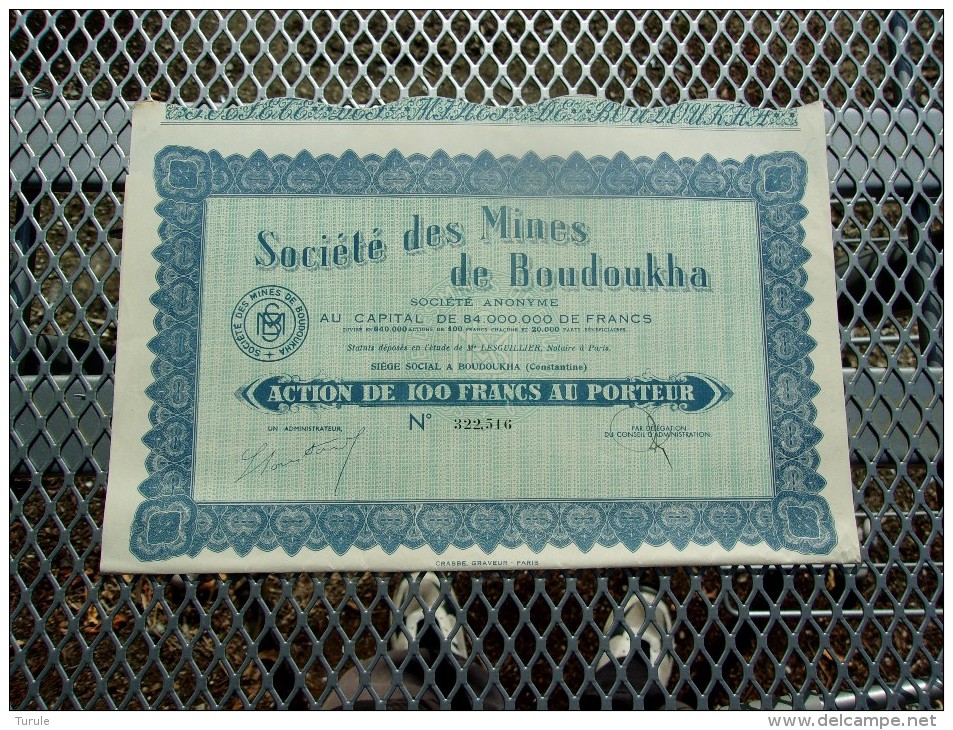 MINES DE BOUDOUKHA (100 Francs,capital 84 Millions) ALGERIE - Other & Unclassified