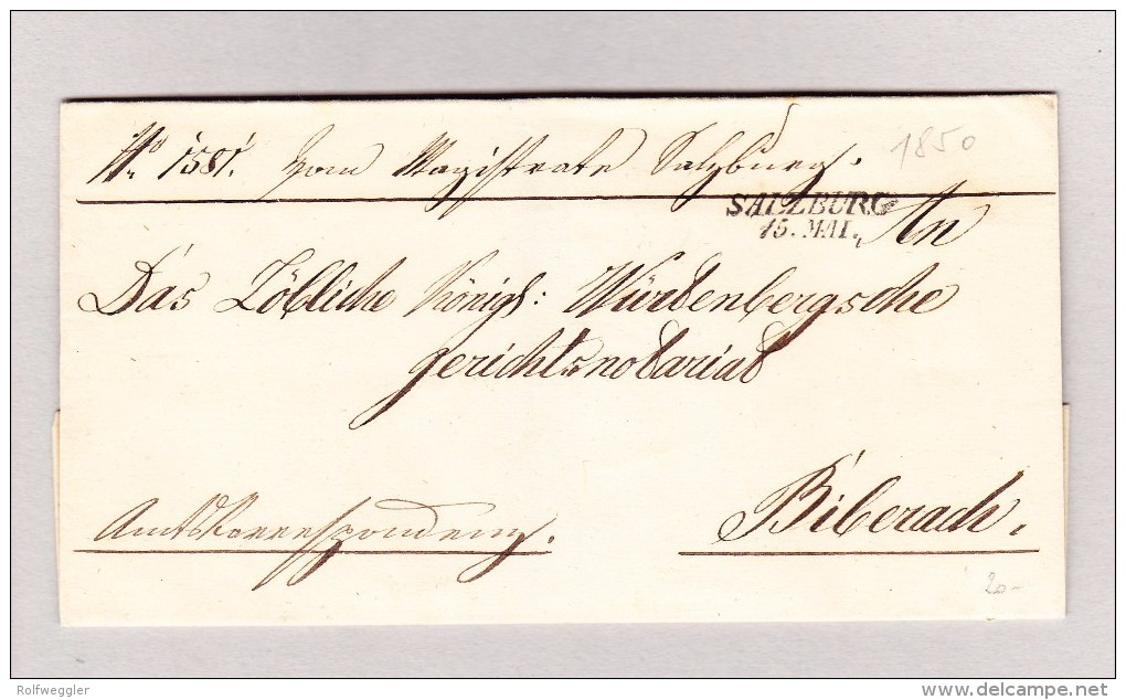 Österreich SALZBURG 15 MAI 2-Zeil-Stempel Vorphilabrief 1850 Nach Biberach - ...-1850 Vorphilatelie