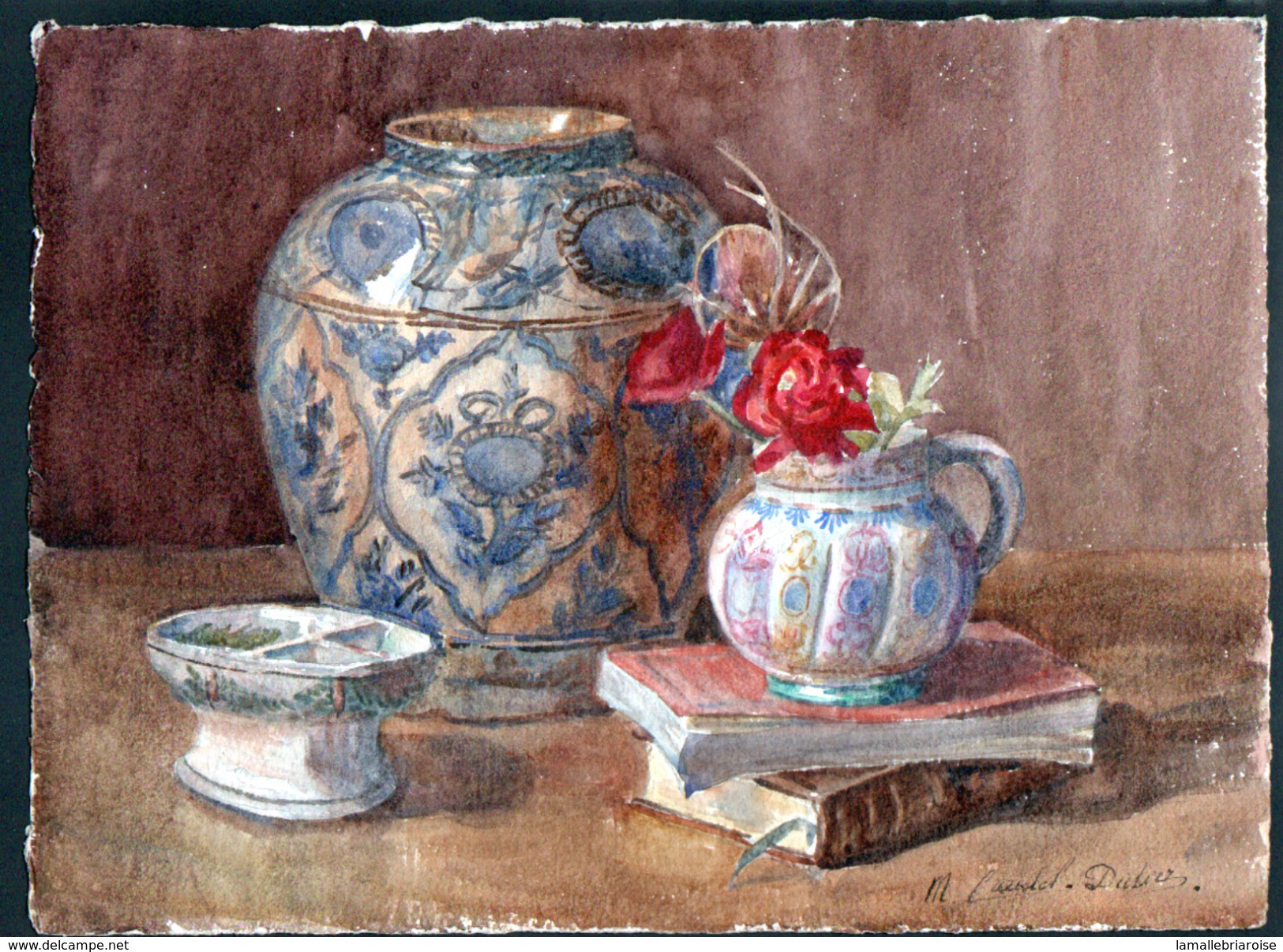 AQUARELLE 380 X 280 Mm, ARTISTE: MATHILDE CAUDEL DIDIER ( BENEZIT ), NATURE MORTE, VASE, FLEURS, LIVRES - Watercolours