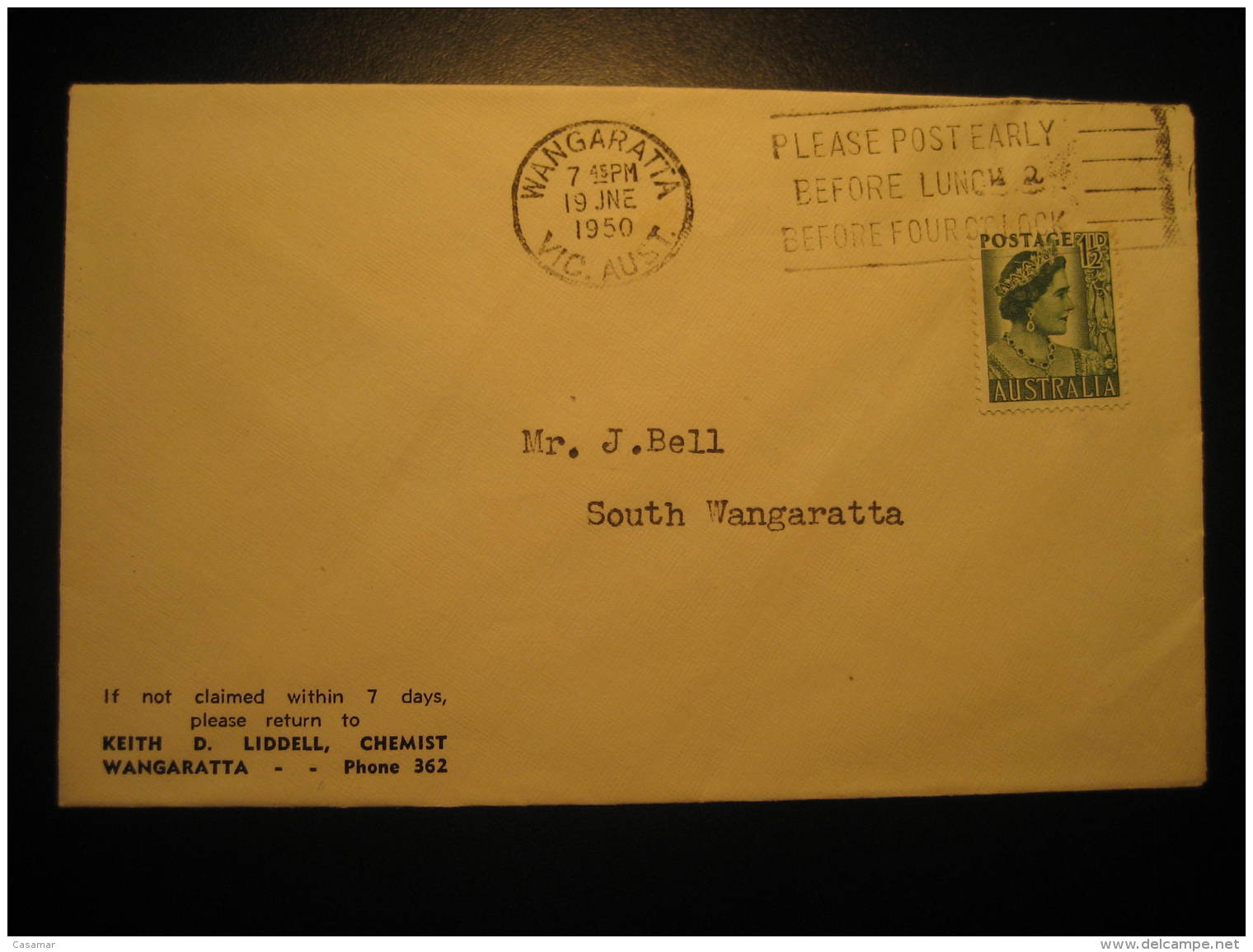 Wangaratta 1950 Stamp On Chemist Cover Cancel Victoria Australia - Briefe U. Dokumente