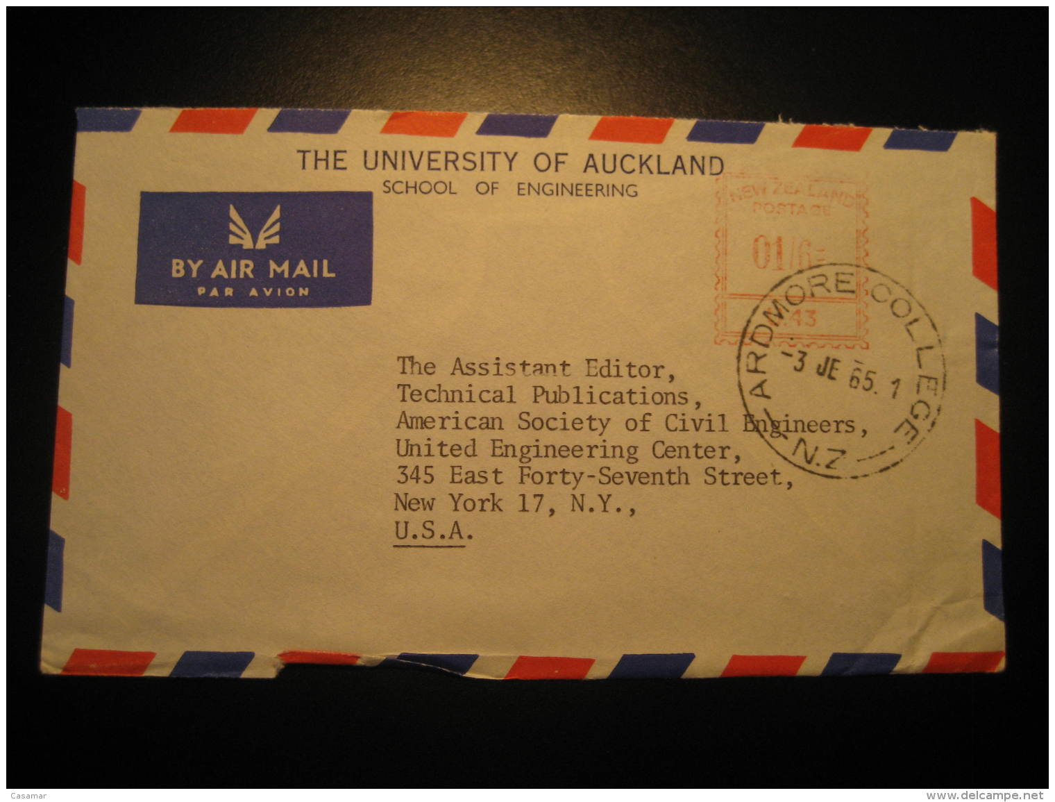 Ardmore College 1965 To New York USA Auckland University Postage Paid Meter Mail Cancel Air Mail Cover New Zealand - Covers & Documents