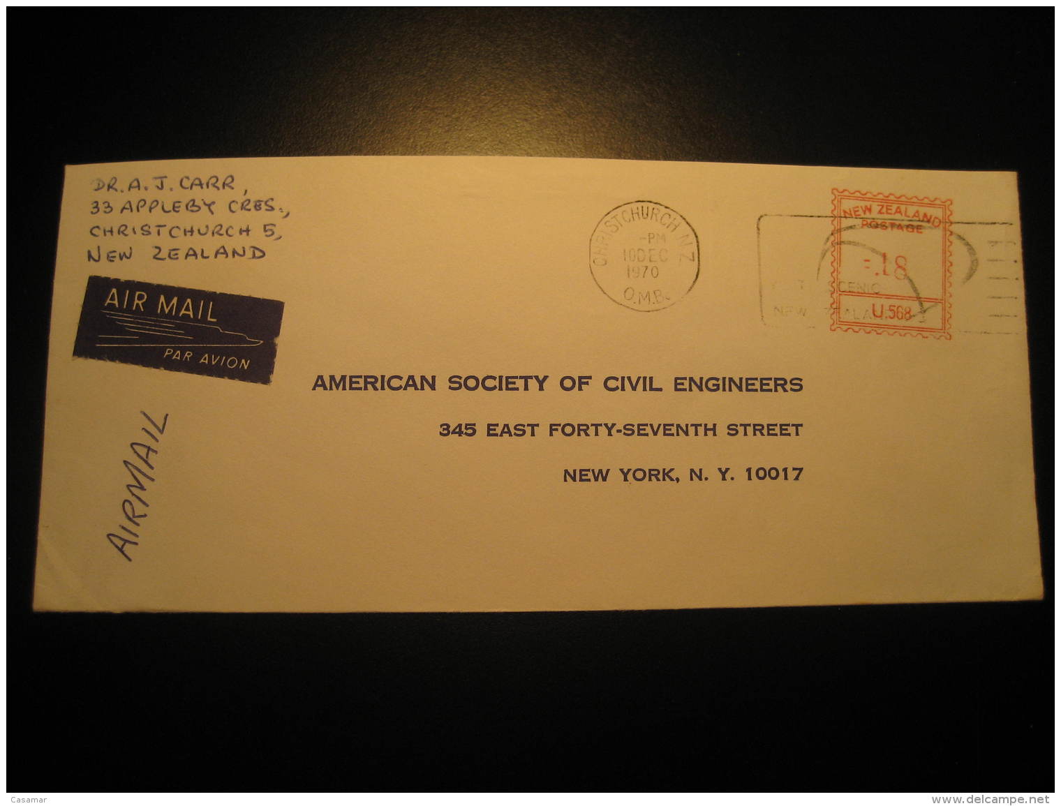 Christchurch 1970 To New York USA Postage Paid Meter Mail Cancel Air Mail Cover New Zealand - Covers & Documents