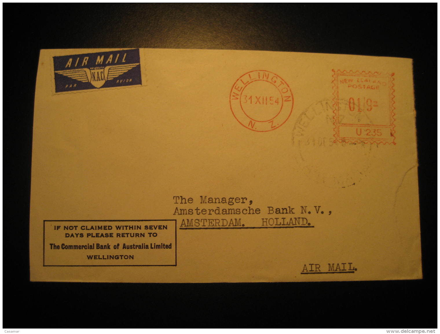 Wellington 1954 To Amsterdam Netherlands Commercial Bank Postage Paid Meter Mail Cancel Air Mail Cover New Zealand - Cartas & Documentos