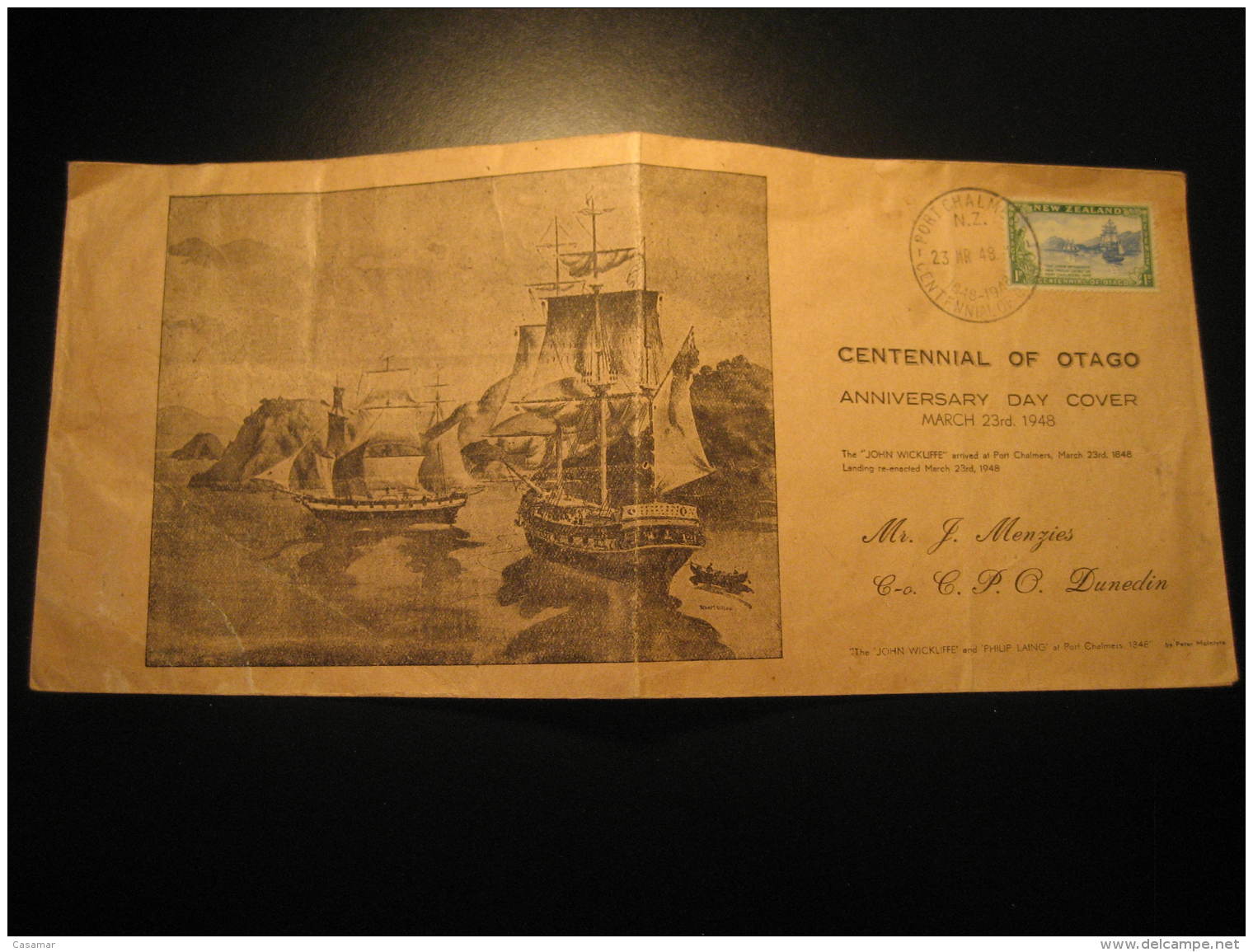 Port Chalmer 1948 Centennial Of Otago Stamp On Big Folded Cover Cancel New Zealand - Cartas & Documentos