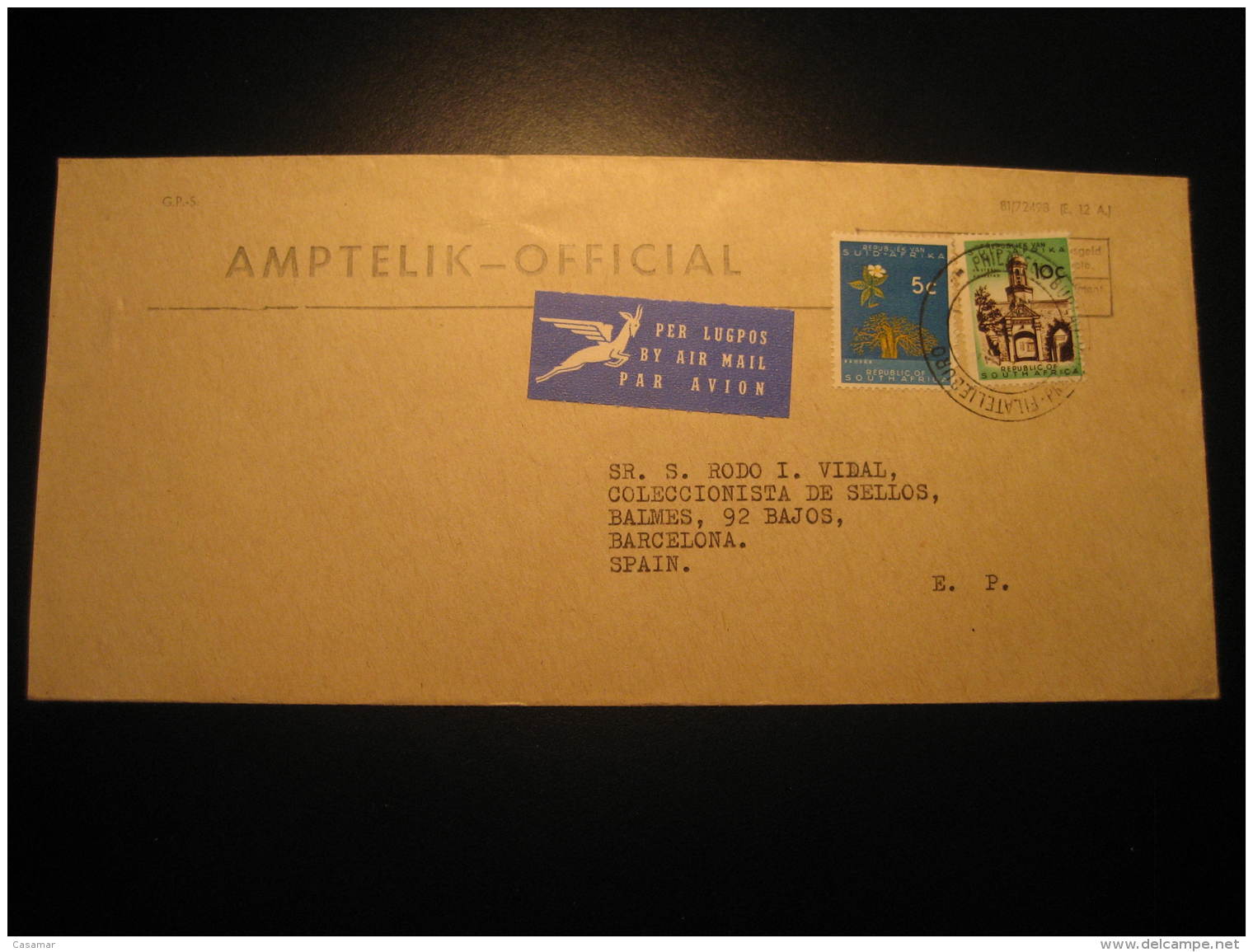 Philatelic Bureau To Barcelona Spain Amptelik Official 2 Stamp On Air Mail Cover Cancel South Africa - Dienstmarken