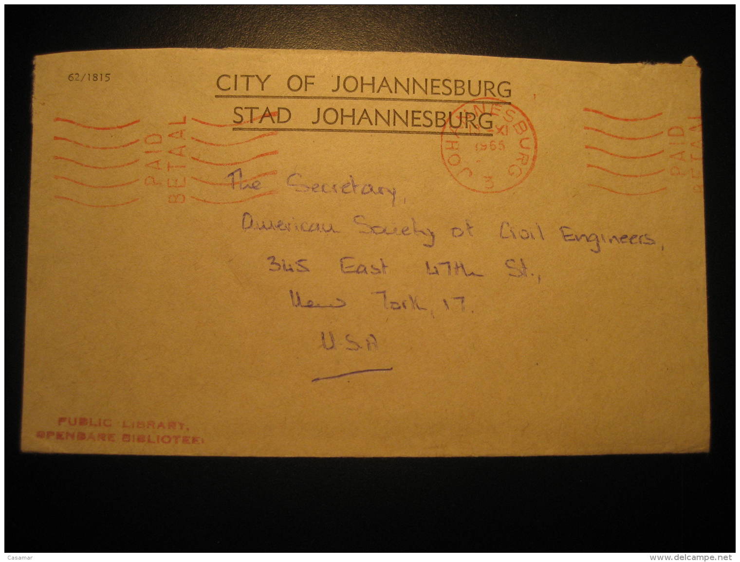 Johannesburg 1965 To New York USA Public Library Postage Paid Meter Mail Cover Cancel South Africa - Lettres & Documents