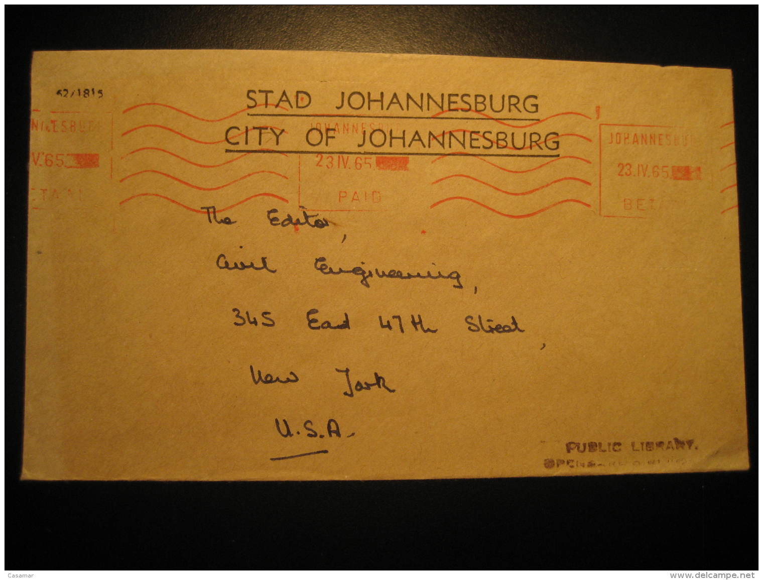 Johannesburg 1965 To New York USA Public Library Postage Paid Meter Mail Cover Cancel South Africa - Lettres & Documents