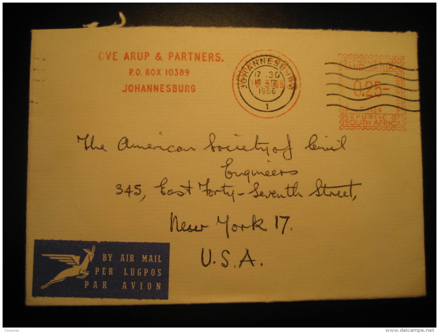 Johannesburg 1966 To New York USA Ove Arup &amp; Partners Postage Paid Meter Mail Air Mail Cover Cancel South Africa - Lettres & Documents