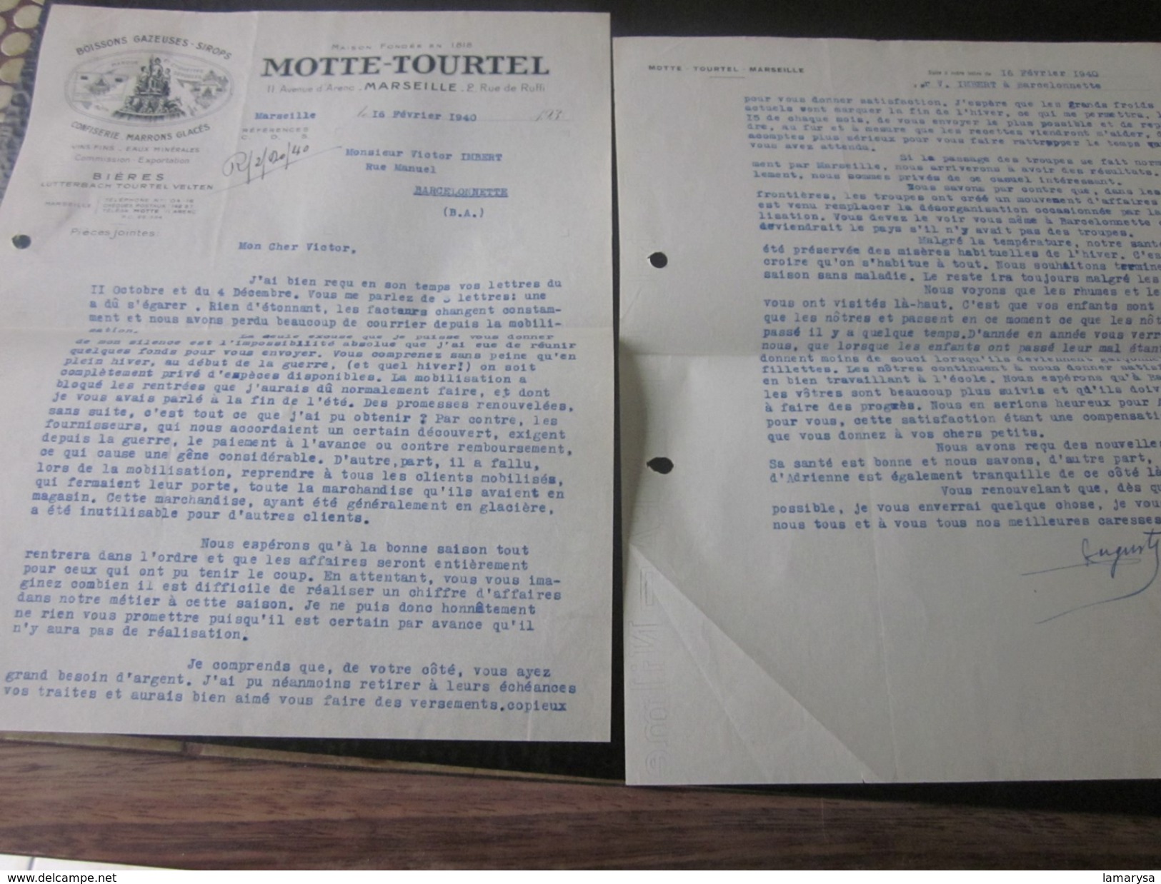 1940 FACTURE Congé BOISSON GAZEUSE SIROP VINS EAU-BIERE Biére MOTTE-TOURTEL 11AV ARENC MARSEILLE>R. MANUEL BARCELONNETTE - 1900 – 1949