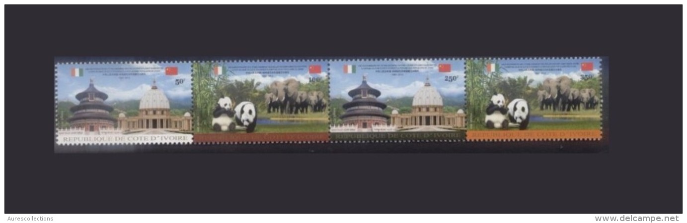 COTE D´IVOIRE IVORY 1265  A/D COAST FULL SET STRIP CHINA RELATIONSHIP RELATIONS PANDA ELEPHANTS PANDAS 2013 MNH RARE - Olifanten