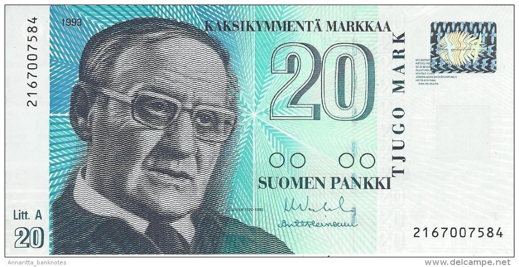 FINLAND 20 MARKKAA 1993 P-123 AU/UNC SIGN. VANHALA & HEINONEN [ FIN123a9 ] - Finland