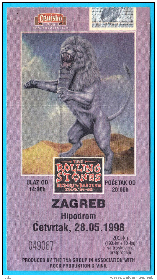 THE ROLLING STONES - Bridges To Babylon Tour '97-98. * 1998. Croatian Concert Ticket Billet Biglietto Boleto - Biglietti Per Concerti