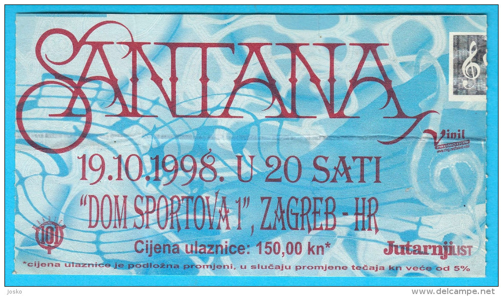 CARLOS SANTANA ...... 1998. Croatian Concert Ticket Billet Biglietto Boleto - Tickets De Concerts