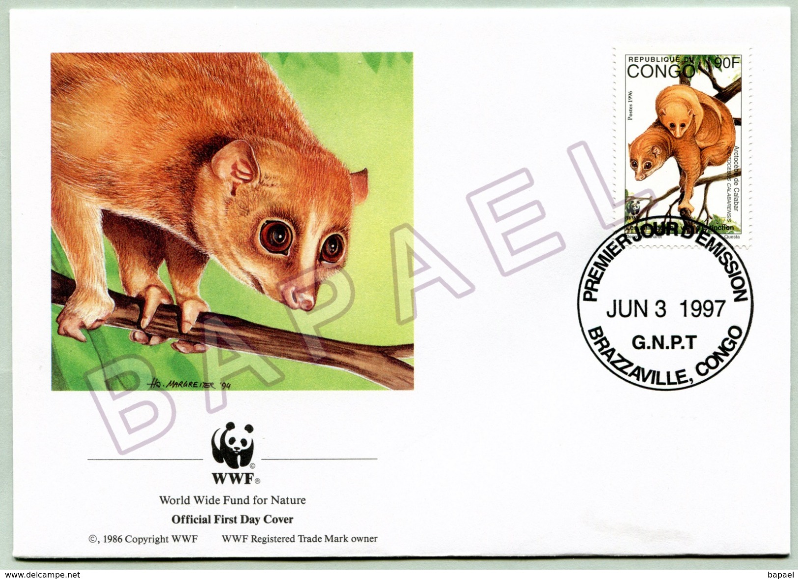 Enveloppe + Carte Postale FDC - République Du Congo (1998) - WWF (N° YT Du Timbre 1051) - Arctocèbe De Calabar - FDC