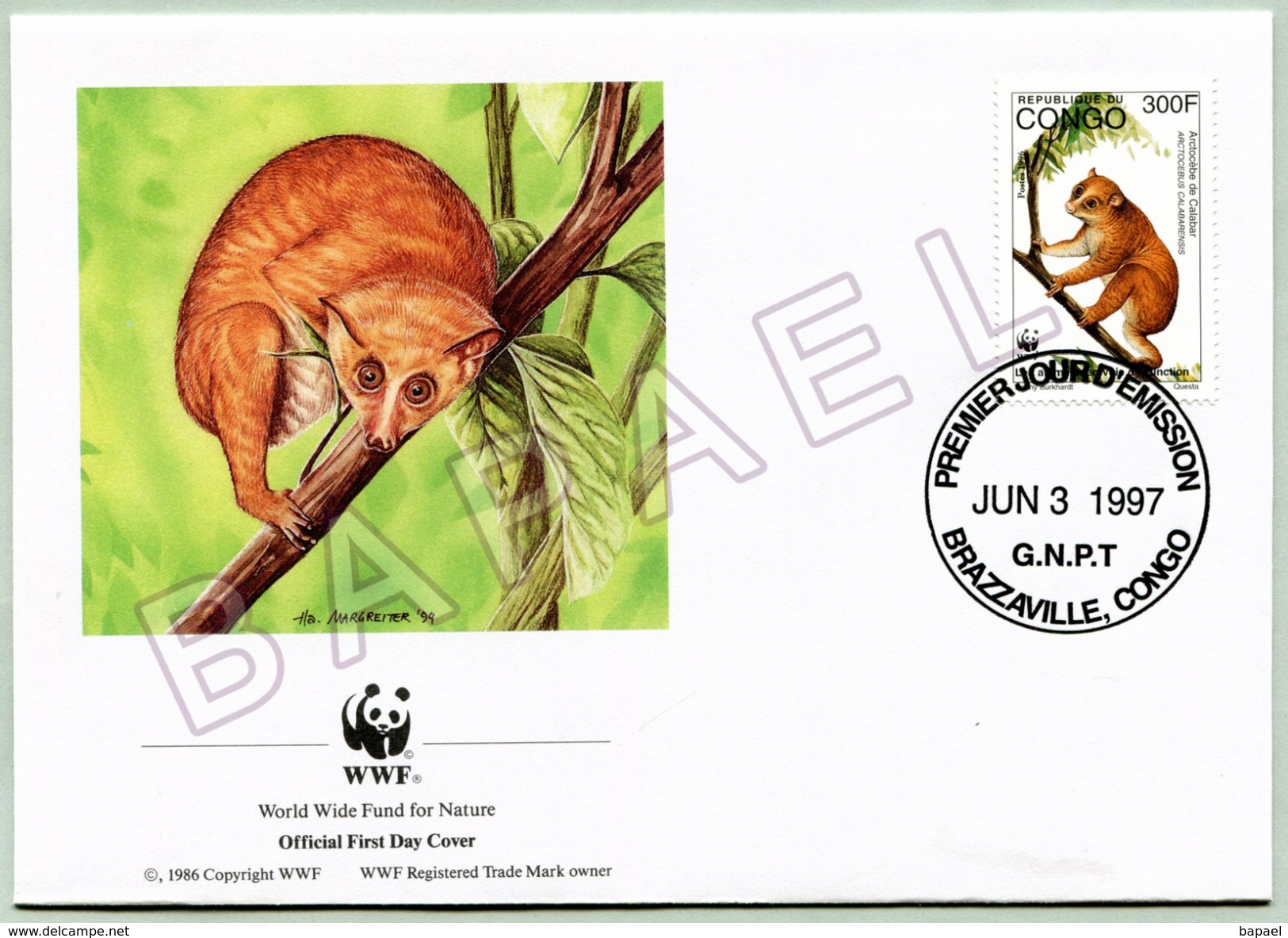 Enveloppe + Carte Postale FDC - République Du Congo (1998) - WWF (N° YT Du Timbre 1053) - Arctocèbe De Calabar - FDC