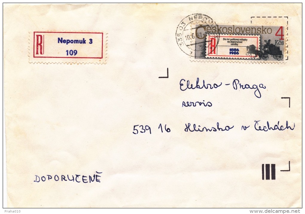 K9273 - Czechoslovakia (1987) 335 03 Nepomuk 3 (R-letter) Tariff: 4 Kcs (stamp: 100 Years Recommended Label) - Kutschen