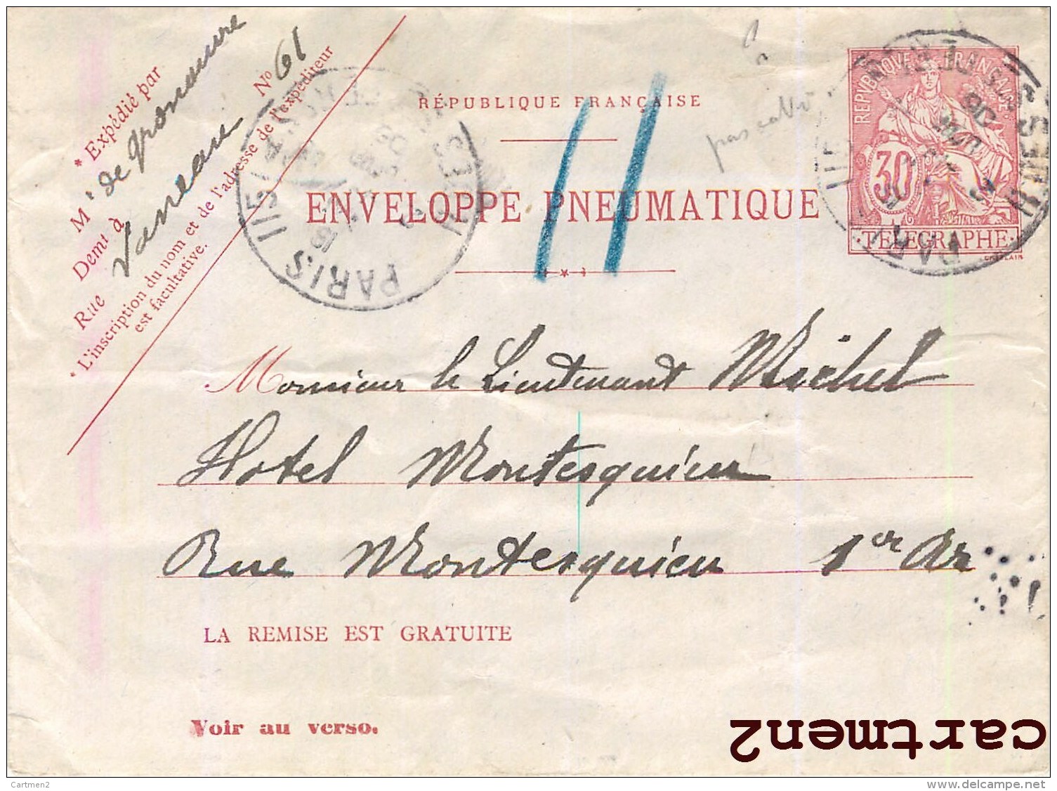 ENVELOPPE PNEUMATIQUE PARIS HOTEL MONTESQUIEU 75001 ENTIER POSTAL TIMBRE TELEGRAPHE MARCOPHILIE - Autres & Non Classés