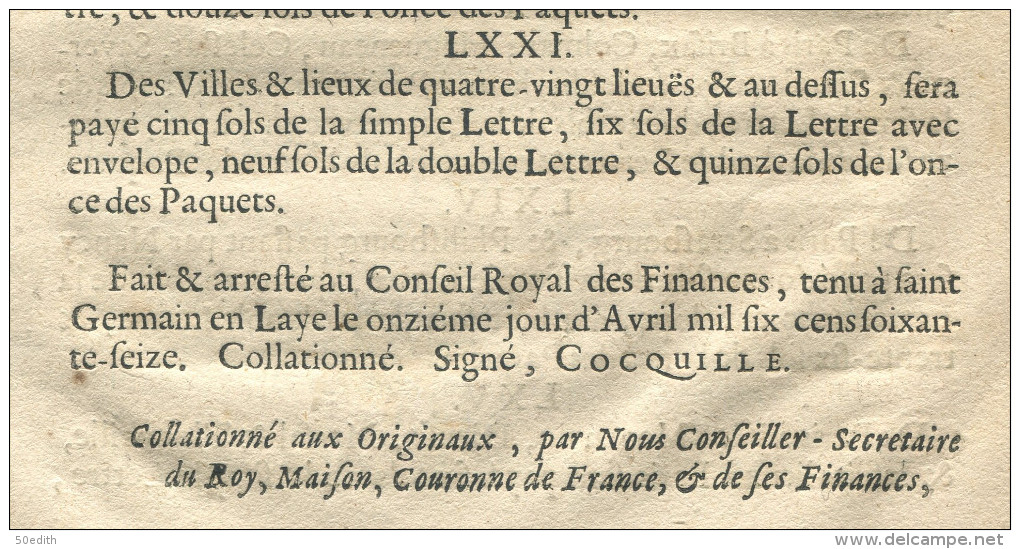 Tarif Général des Droits (pour les ports et lettres), arrêté au Conseil Royal tenu à St Germain en Laye le 11 avril 1676