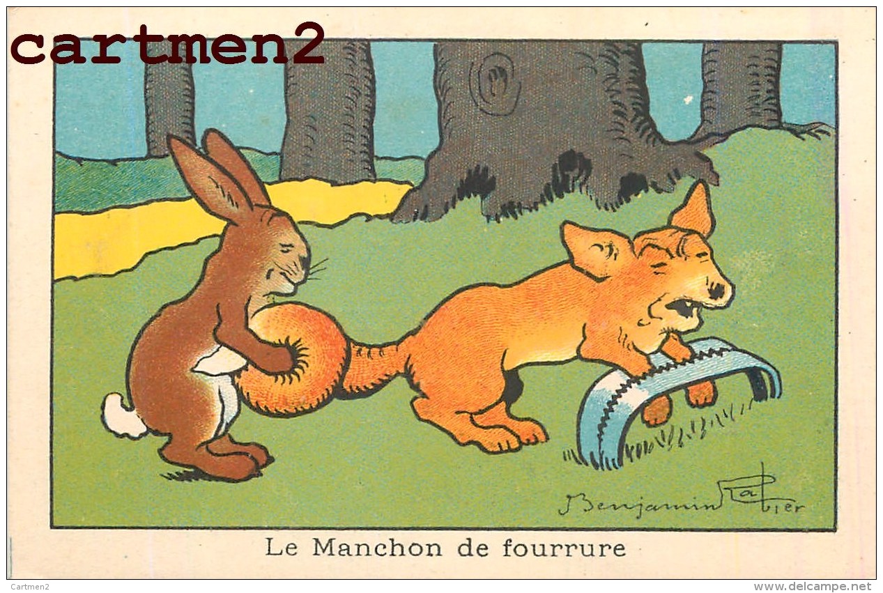 ILLUSTRATEUR BENJAMIN RABIER FOURRURE RENARD LAPIN CHASSE PUBLICITE ELIXIR VERMIFUGE DOCTEUR GUILLET 11 X 7 CM - Rabier, B.