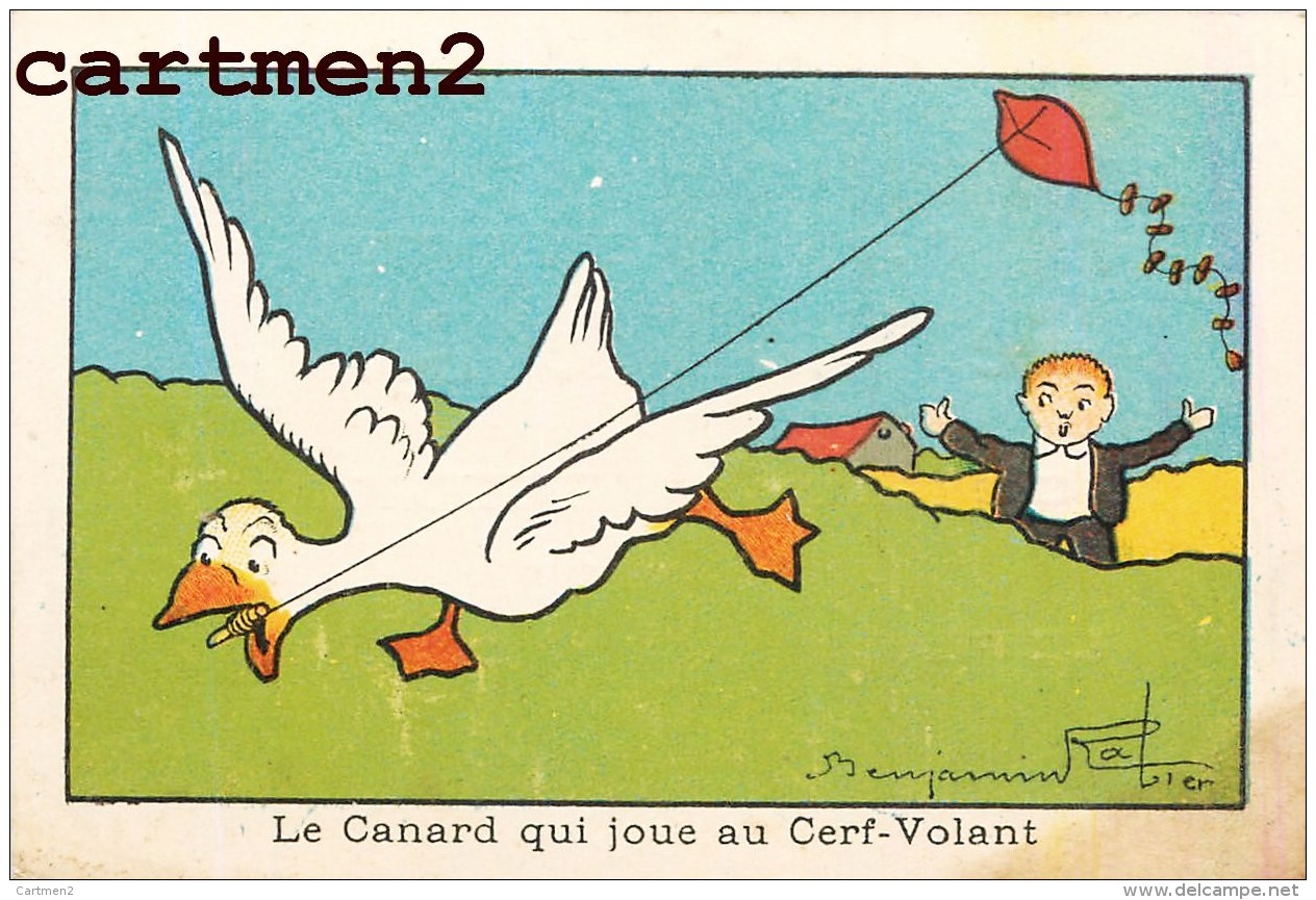 ILLUSTRATEUR BENJAMIN RABIER CANARD JOUANT AU CERF-VOLANT PUBLICITE ELIXIR VERMIFUGE DOCTEUR GUILLET 11 X 7 CM - Rabier, B.