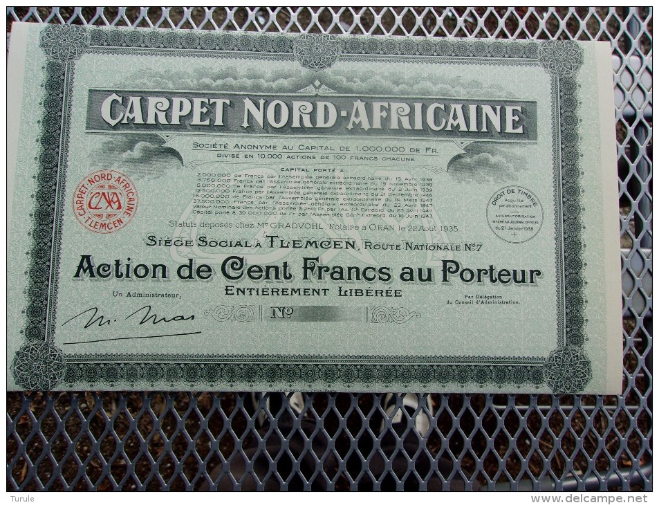 CARPET NORD-AFRICAINE (100 Francs,capital 1 Million) ALGERIE - Autres & Non Classés