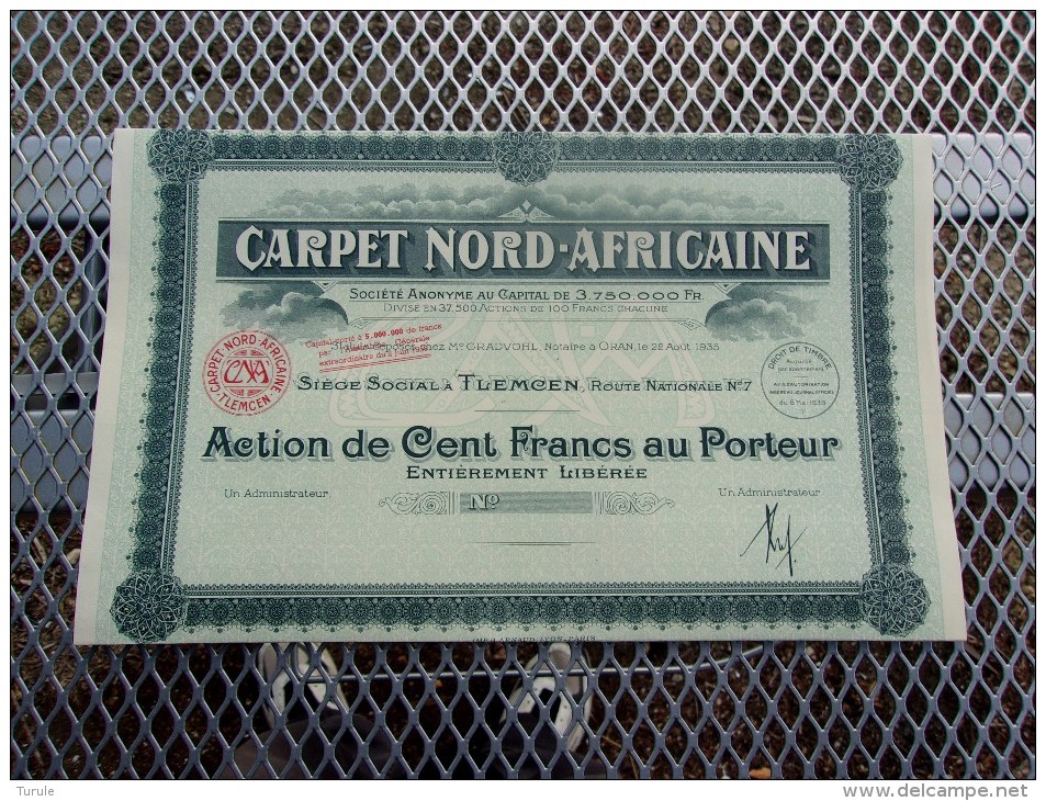 CARPET NORD-AFRICAINE (100 Francs,capital 3,75 Millions) ALGERIE - Autres & Non Classés