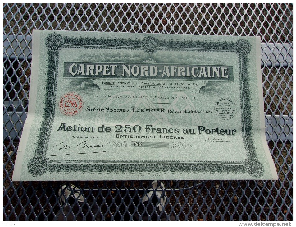 CARPET NORD-AFRICAINE (250 Francs,capital 39 Millions) ALGERIE - Autres & Non Classés