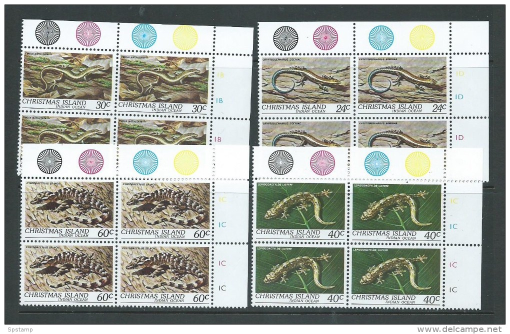 Christmas Island 1981 Reptile Set Of 4 As Marginal Blocks Of 4 With Plate Numbers MNH - Christmas Island