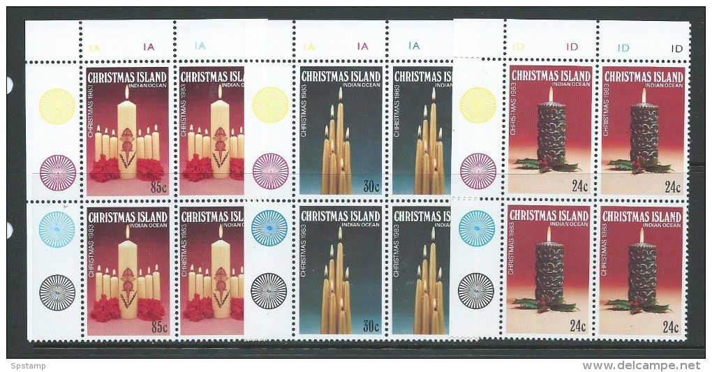 Christmas Island 1983 Christmas Candles Set 3 MNH As Marginal Plate Number Blocks Of 4 - Christmas Island