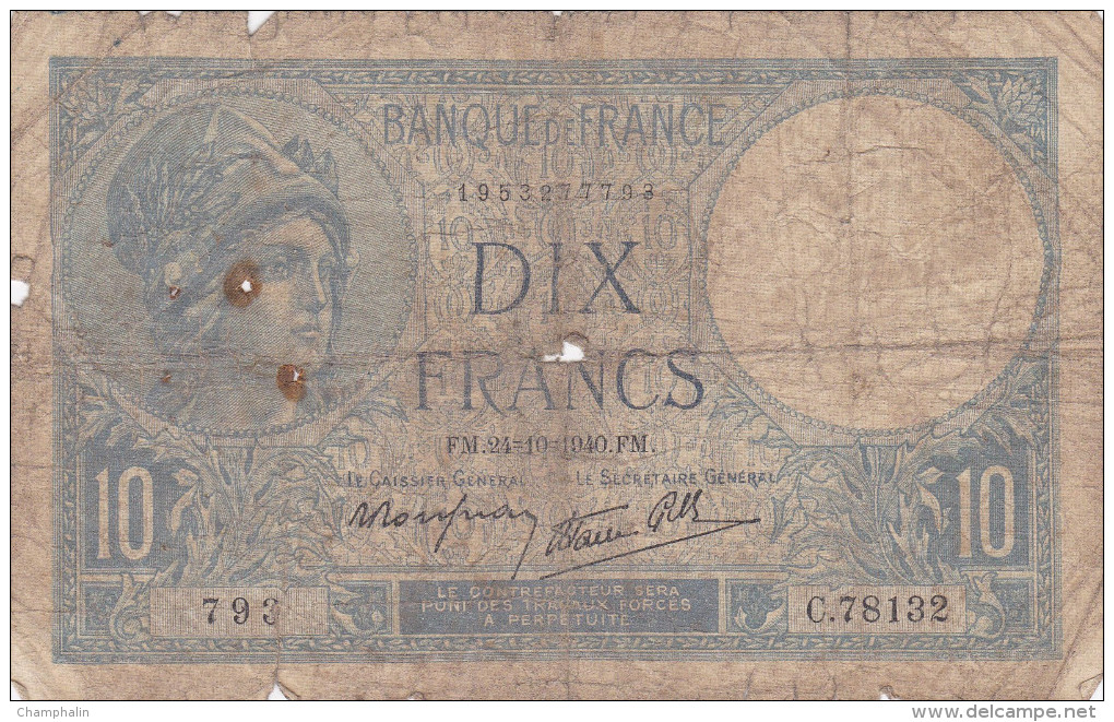 France - Billet De 10 Francs Type Minerve - 5 Octobre 1939 - 10 F 1916-1942 ''Minerve''