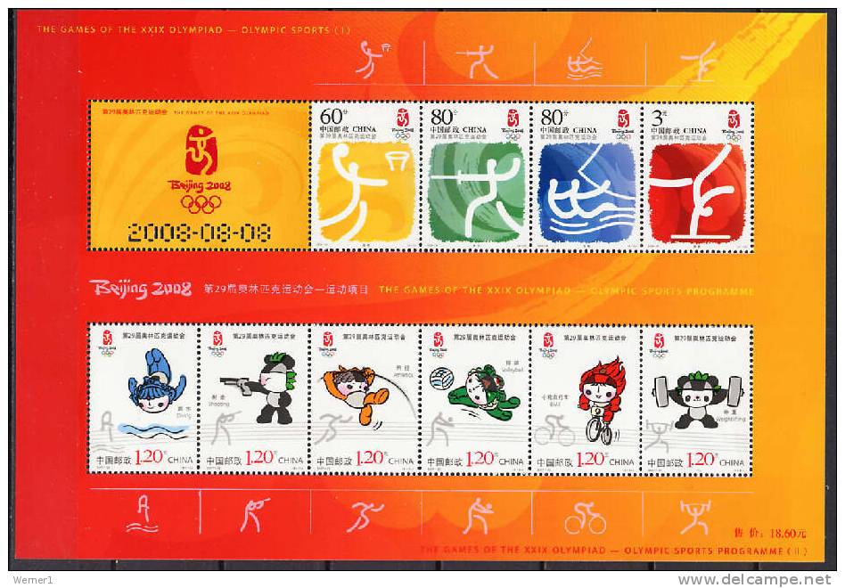 China PR 2008 Olympic Games Beijing, Cycling, Volleyball, Fencing, Basketball Etc. S/s MNH - Verano 2008: Pékin