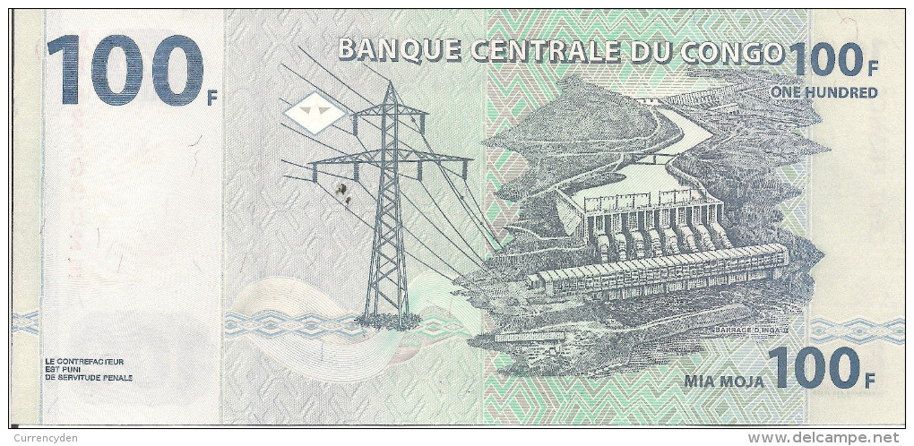 Congo P98, 100 Francs, Elephant / Hydroelectric Dam On Congo River, 2007, UNC - República Democrática Del Congo & Zaire