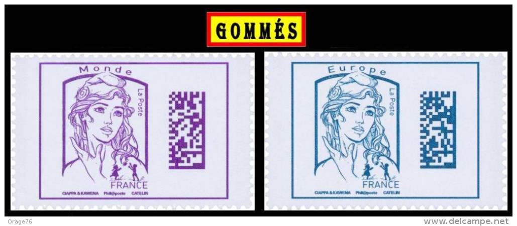 2 TIMBRES GOMMES ** 2016  " MARIANNE DATAMATRIX  (Europe + Monde) Sans 20 Gr  ". TTB 2016 - 2013-2018 Marianne De Ciappa-Kawena