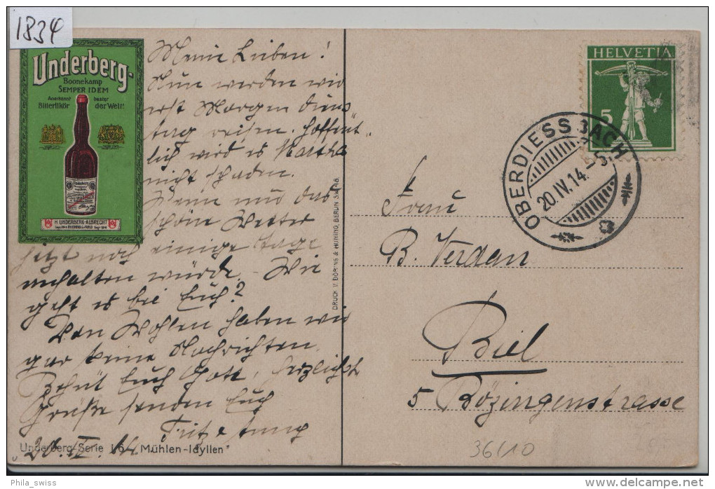 1914 Tellknabe 125III/113III - Stempel: Oberdiessbach - AK Underberg Werbung  "Mühlen-Idyllen" - Lettres & Documents