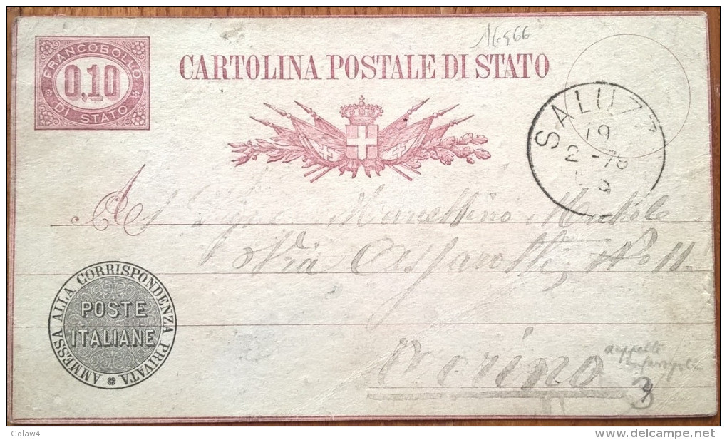 16566# ITALIE CARTOLINA POSTALE DI STATO AMMESSA ALLA CORRISPONDENZA PRIVATA Obl SALUZZO 1879 TORINO ITALIA - Postwaardestukken