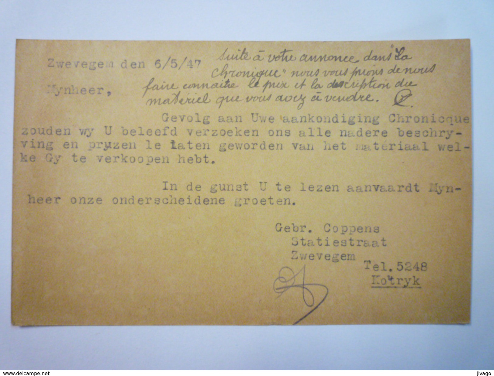 ENTIER  POSTAL  Au Départ De  ZWEVEGEM  à Destination De LOKEREN  1947  - Briefkaarten 1934-1951