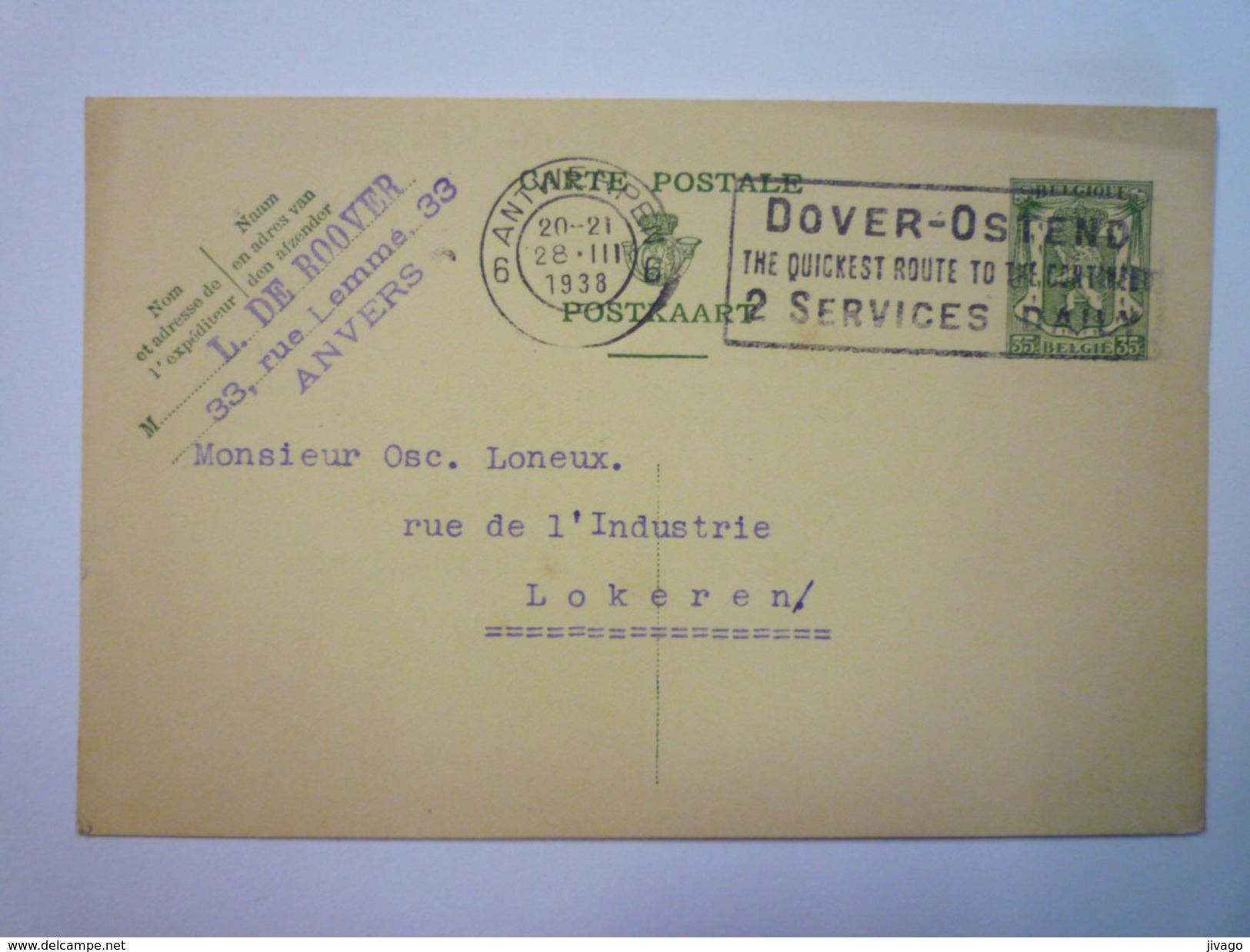 CARTE  Au Départ De  ANTWERPEN  à Destination De LOKEREN  1938  - Briefkaarten 1934-1951