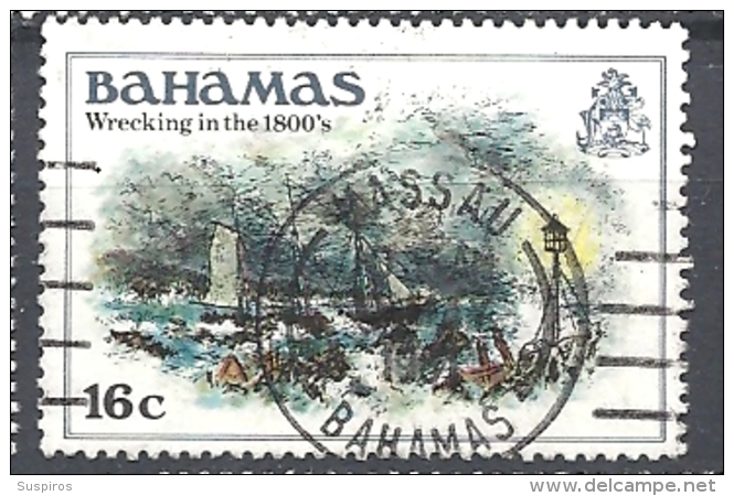 BAHAMAS     -  1980 History Of The Bahamas   WRECKING IN THE 1800'    USED   Lighthouses | Paintings | Sea | Ships - Bahamas (1973-...)