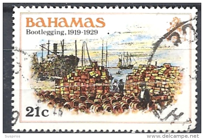 BAHAMAS     -  1980 History Of The Bahamas  BOOTLEGGING ,1919-1929    USED HAS A FOLD - Bahamas (1973-...)