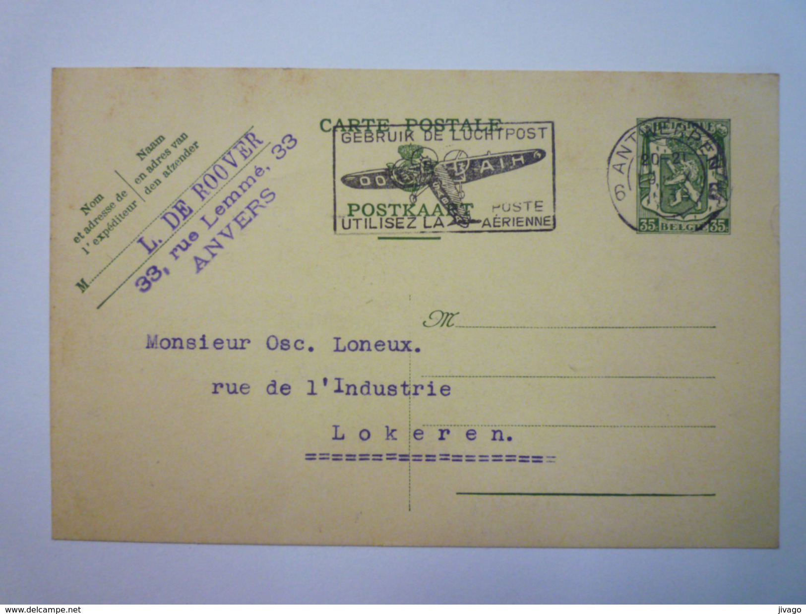 CARTE  Au Départ De  ANVERS  à Destination De LOKEREN  1938  - Tarjetas 1934-1951
