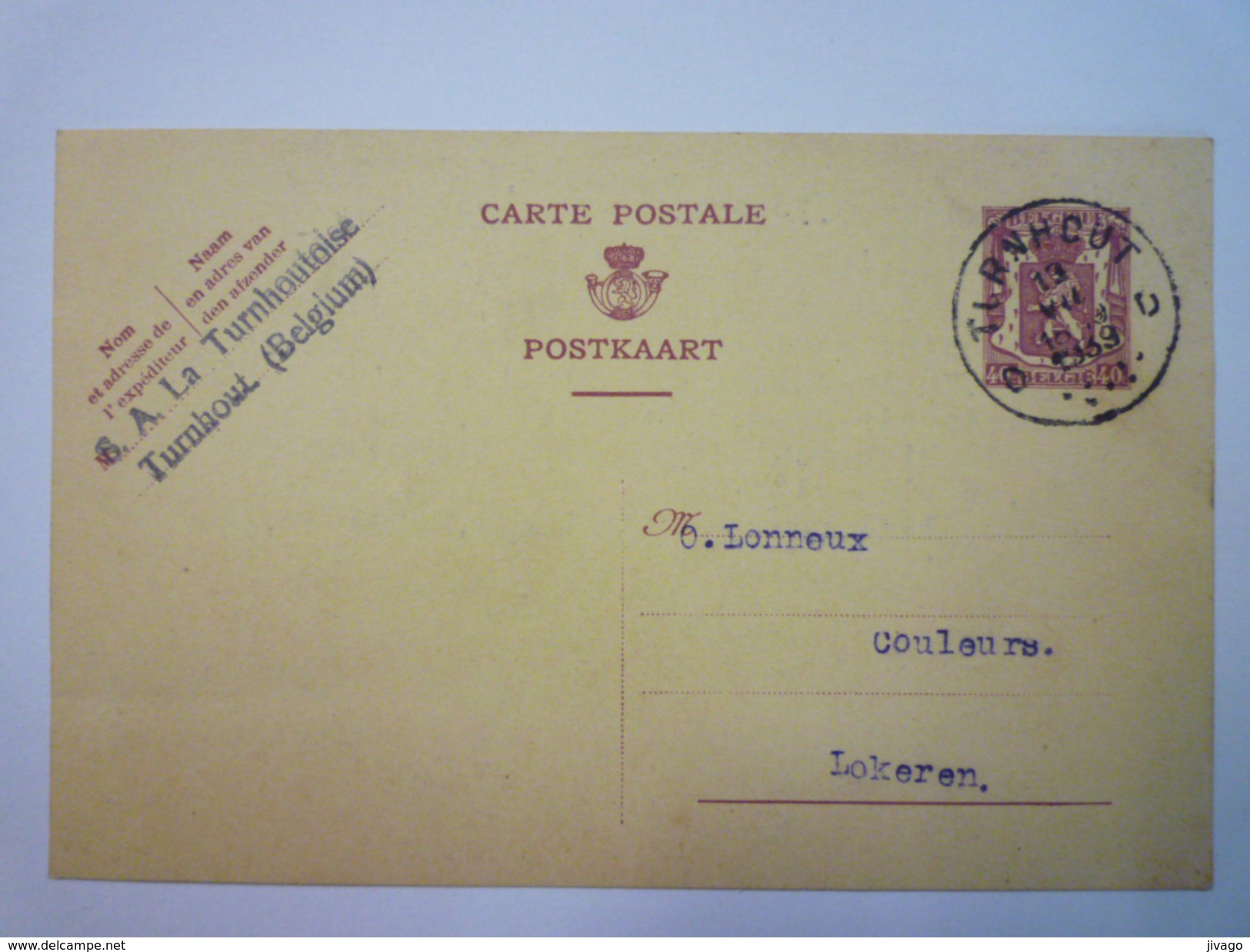 ENTIER  POSTAL  Au Départ De  TURNHOUT  à Destination De LOKEREN  1939  - Tarjetas 1934-1951