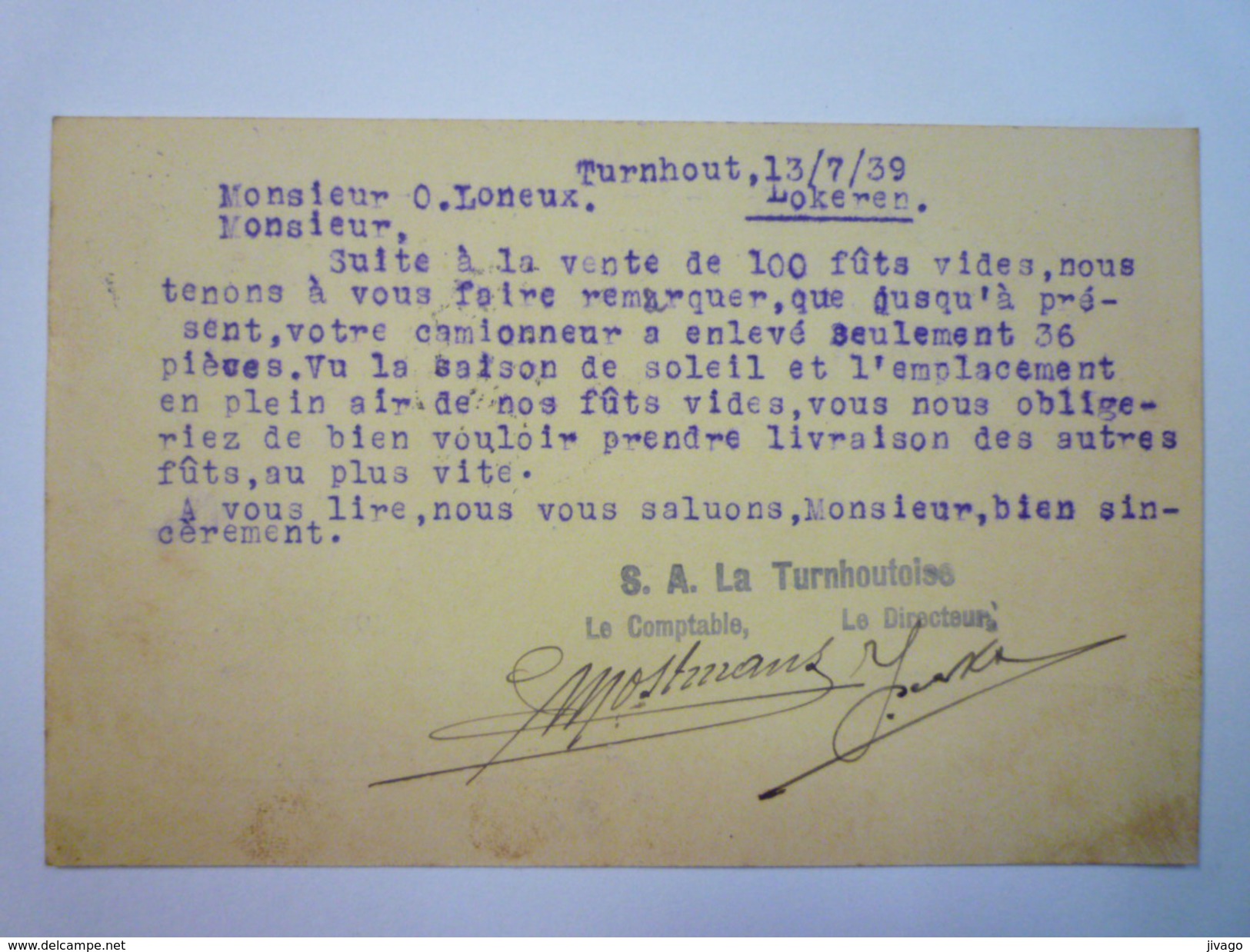 ENTIER  POSTAL  Au Départ De  TURNHOUT  à Destination De LOKEREN  1939  - Briefkaarten 1934-1951