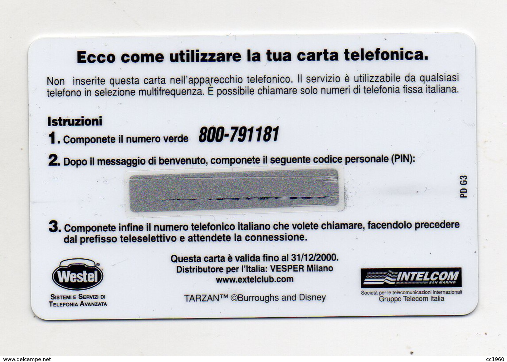 Ricarica Telefonica " WESTEL INTELCOM - Disney's Tarzan " Da 50 Units - Nuova - Validità 31 Dicembre 2000 -  (FDC1158) - GSM-Kaarten, Aanvulling & Voorafbetaald