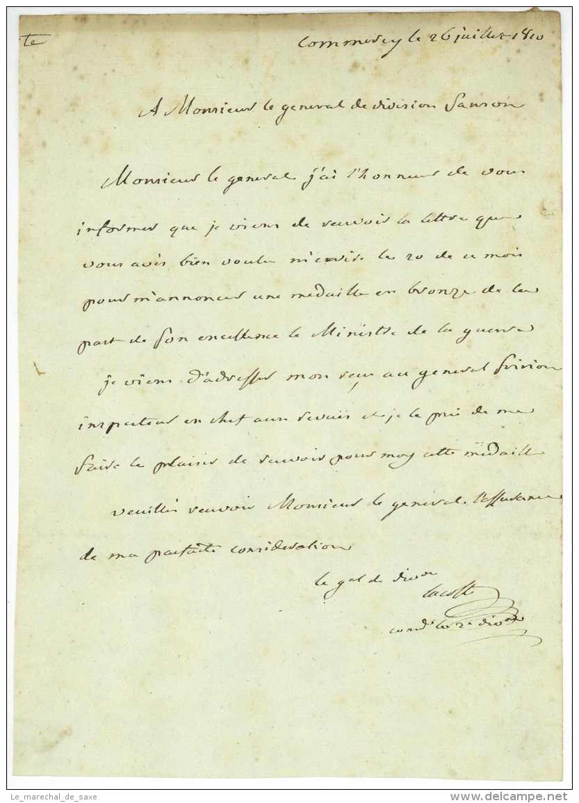 LA COSTE DUVIVIER, J.L.J .de (Montélimar 1747- 1829). Général En 1799 (Cavalerie), Baron De L&rsquo;Empire 1811. COMMERC - Historical Documents