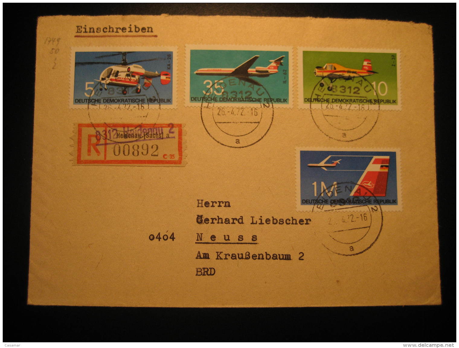 Heidenau 1972 To Neuss Germany Helicopter Plane 4 Stamp On Registered Cover DDR - Hubschrauber